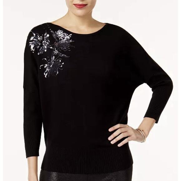 Alfani Embellished Dolman Sleeve Sweater, Women’s Petite Large, Black W/ Sequins - Picture 1 of 14